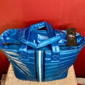 THINK ROYLN Metallic Blue Puffer TENNIS TOTE BAG Detachable Strap & Zip Pouch